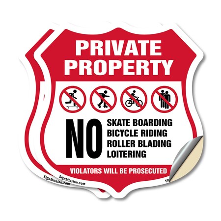 Signmission Private Property Shield Sign No Skateboa, 12 inch X 12 inch, Vinyl Decal, 2PK SHI-D-2PACK-12-442