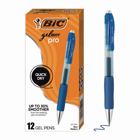 Bic Gel-ocity Pro Quick Dry Gel Pen, Retractable, Medium 0.7 mm, Blue Ink, Blue/Clear Barrel, 12PK RPGL11-BLU