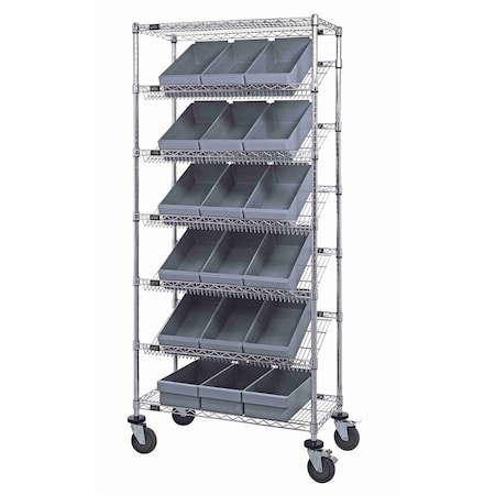 Quantum Storage Systems WIRE SHELVING UNIT W/18 GRAY BINS MOBILE MWRS-7-606GY