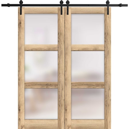 Sartodoors Sturdy Double Barn Door with Frosted Glass, Lucia 2552 Oak, 13FT Rail Hangers Heavy Set, Solid Pa LUCIA2552DB-DUB-48