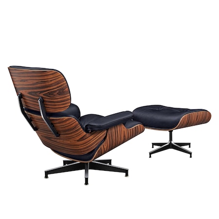 Homeroots 28" Black and Rosewood Tufted Genuine Leather Lounge Chair With Ottoman 636337