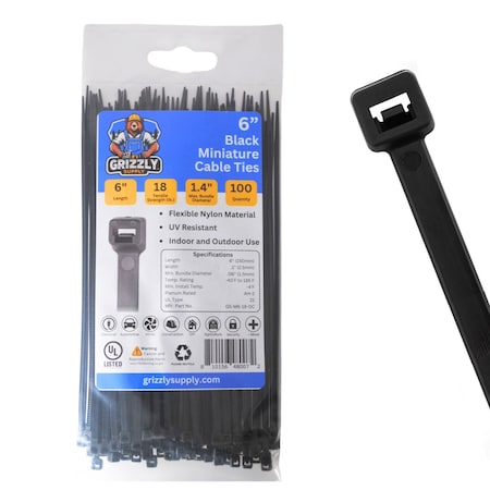 Grizzly Supply Cable Tie, 6 in L, 18 lb Strength, 1.4 in Max Bundle Dia, Nylon 6/6, UV Resistant, Black, 100PK GS-M6-18-0C
