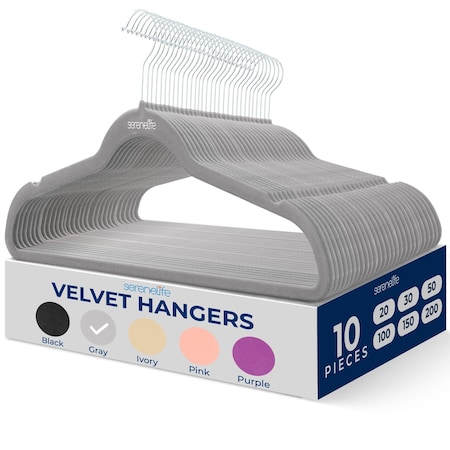 Serenelife Velvet Hangers, Non-Slip w/ 360 Deg Swivel Hook, Ultra-Thin, Lightweight Velvet Hangers, Gray, 10PK SLHVELGRY10