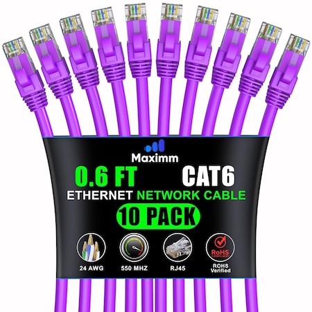 Maximm Cat6 Ethernet Cable 0.6ft 10Gbps 550MHz UTP, 10PK, Purple, 10PK CAT6-CCA-0.6FTPURPLE-10PK