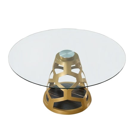 Homeroots 48" Clear And Gold Rounded Glass And Metal Pedestal Base Dining Table 555189
