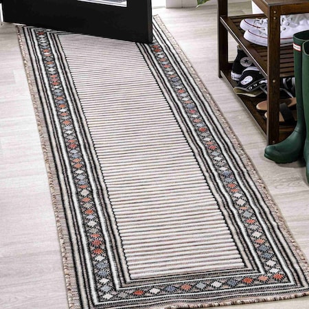 Jonathan Y Sebastian High-Low Modern Diamond Border Brown/Ivory 2 ft. x 8 ft. Indoor/Outdoor Runner Rug HWC102A-28