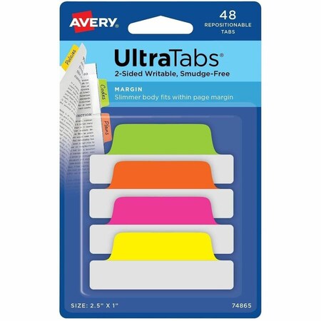 Avery Dennison Avery, ULTRA TABS REPOSITIONABLE MARGIN TABS, 1/5-CUT TABS, ASSORTED NEON, 2.5in WIDE, 48PK 74865