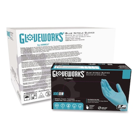 Gloveworks By Ammex Industrial Nitrile Gloves, Powder-Free, XX-Large, 5 mil Thick, 9.5" Long, Blue, 1000PK INPF49100