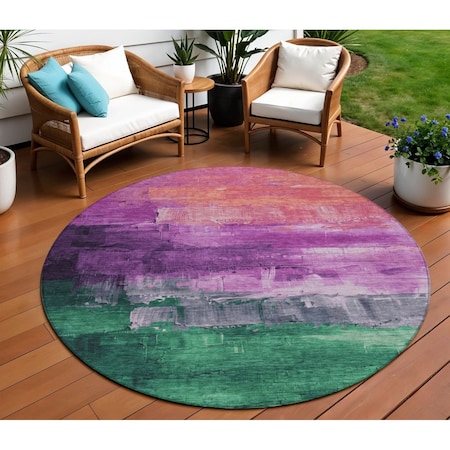 Homeroots 8' Purple Salmon And Green Round Abstract Washable Indoor Outdoor Area Rug 610957