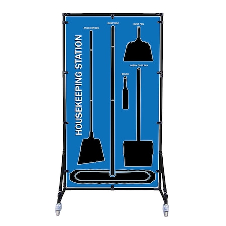 5S Supplies 5S Housekeeping Shadow Board Broom Station Version 4 - Blue Board / Black Shadows With Broom HSB-V4-BLUE-KIT
