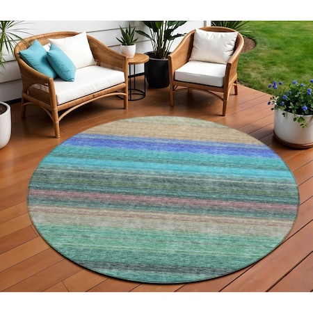 Homeroots 8' Sage Teal Blue And Tan Round Striped Washable Indoor Outdoor Area Rug 614829