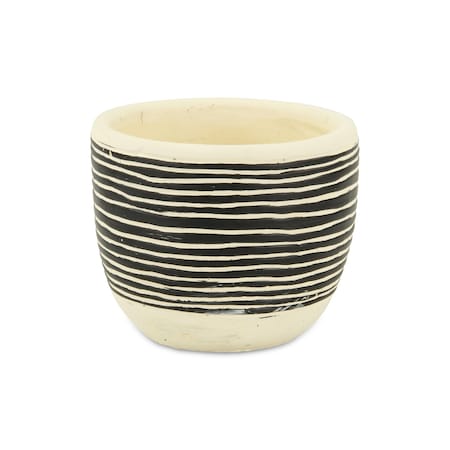 Homeroots Black And White Ceramic 39 Ounce Striped Round Distressed Pot Planter 487440