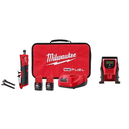 Milwaukee Tool M12 FUEL Die Grinder Kit + M12 Inflator 2486-22, 2475-20