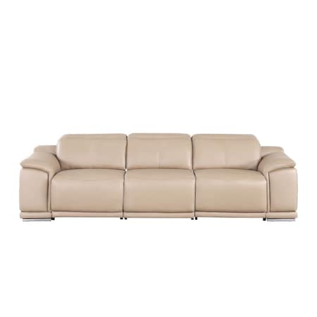 Homeroots 107" Beige Top Grain Leather Reclining USB Sofa 643695