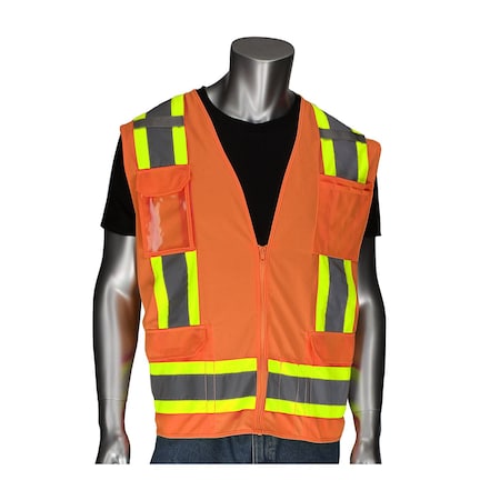 Pip ANSI Type R Class 2 Two-Tone Eleven Pocket Surveyors Vest, Solid Front/Mesh Back and "D" Ring Access 302-0500D-OR/2X