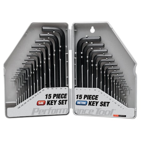 Performance Tool 30 pc. Hex Key Wrench Set, Long/Short Shank, Metric/SAE, Organizer W80288