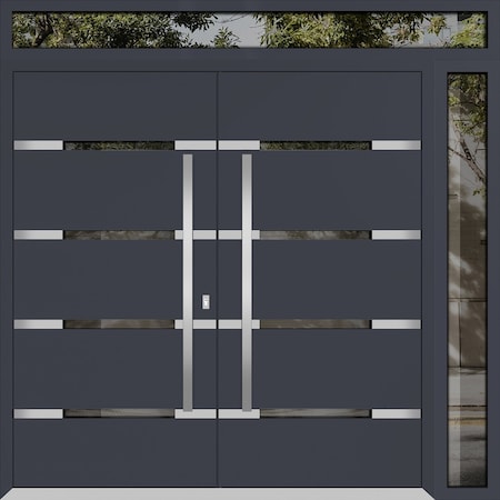 Vdomdoors Metal Double Doors Deux 1105 Gray Graphite Mirrored Glass 1 Sidelight and Top Transom Entry Modern DEUX1105DEXD-GRE-W72+12xH96+12-RH-O