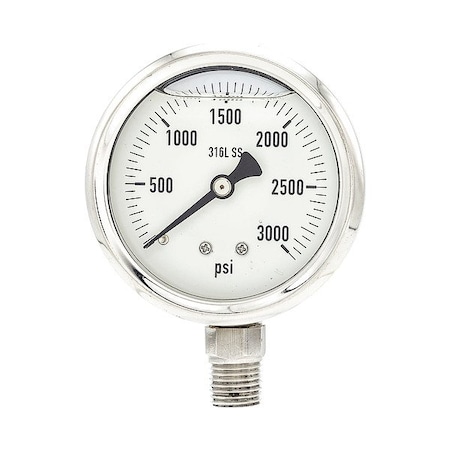 Zoro Select Pressure Gauge, 1/4 in NPT, Bottom Location PRO-301L-254P