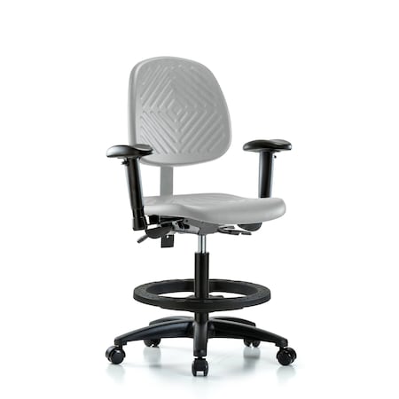 Blue Ridge Ergonomics Poly Chair-Med Bench Ht with Med Back, Adjustable Arms, Black Foot Ring, & Casters in Gray Poly PMBCH-MB-RG-T0-A1-BF-RC-GRY