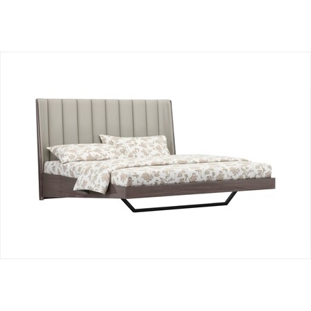 Homeroots King Grey Upholstered Faux Leather and Ivory Gloss Bed Frame 486181
