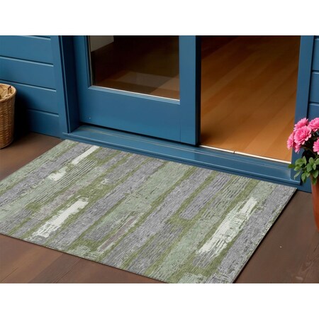 Homeroots 3' X 5' Olive Green Ivory And Blue Striped Washable Indoor Outdoor Area Rug 616670
