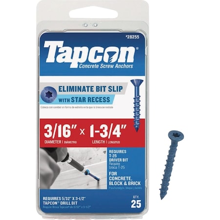 Tapcon 3/16'' x 1-3/4'' Star Drive Flat Head Concrete Screw Anchor, 25 Ct. 28255