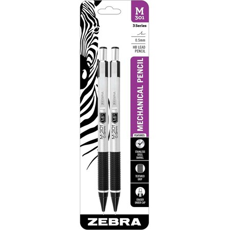 Zebra Pen M-301 Mechanical Pencil, 0.5 mm, HB (No 2.5), Black Lead, Steel/Black Accents Barrel, 2PK 54012