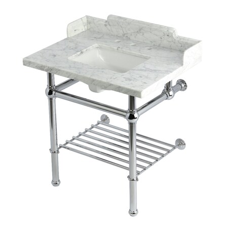 Kingston Brass 30-Inch Carrara Marble Console Sink with Brass Legs and Shelf, 8-Inch, 3-Hole LMS3030MBSQB1