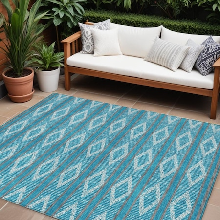 Homeroots 10' X 14' Teal Blue Gray And Ivory Geometric Washable Indoor Outdoor Area Rug 599675