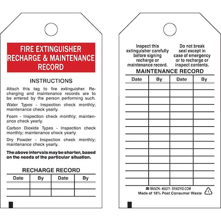 Brady FIRE EXTINGUISHER RECHARGE & MAINTENANCE RECORD Polyester BK/RD/WH 25/PK, 25PK 65371