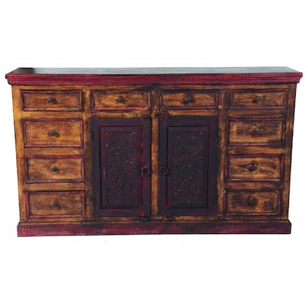 Homeroots 72in Brown And Red Distressed Solid Wood Carved Scrollwork Ten Drawer Buffet Table with Two Doors 488470