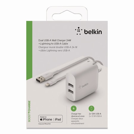 Belkin BOOST CHARGE Dual USB-A Wall Charger + Lightning to USB-A Cable, White WCD001DQ1MWH