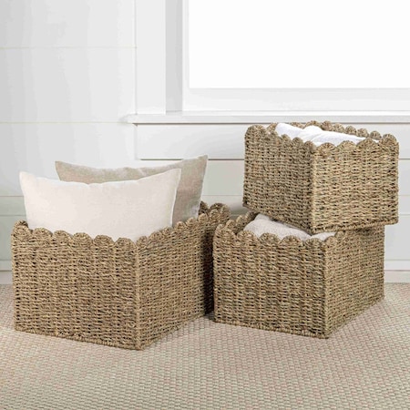 Happimess Arden Coastal Cottage Seagrass Scalloped Rectangular Organizing Storage Baskets, Natural, 3PK BSK2013A-3SET