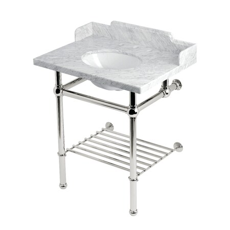 Kingston Brass 30-Inch Carrara Marble Console Sink with Brass Legs and Shelf, 8-Inch, 3-Hole LMS30MBB6