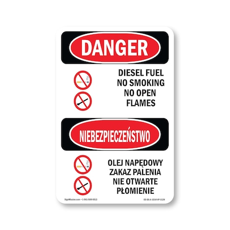 Signmission OSHA Danger Sign, 14" Height, Aluminum, Diesel Fuel No Smoking Bilingual, 1014-VP-1124 OS-DS-A-1014-VP-1124
