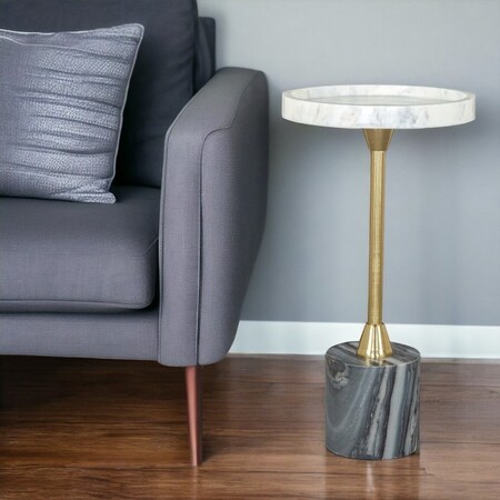 Homeroots 22" Gold Gray And White Marble And Iron Round Pedestal End Table 556506