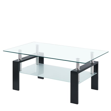 Homeroots 39" Clear and Black Glass and Steel Coffee Table With Shelf 635698