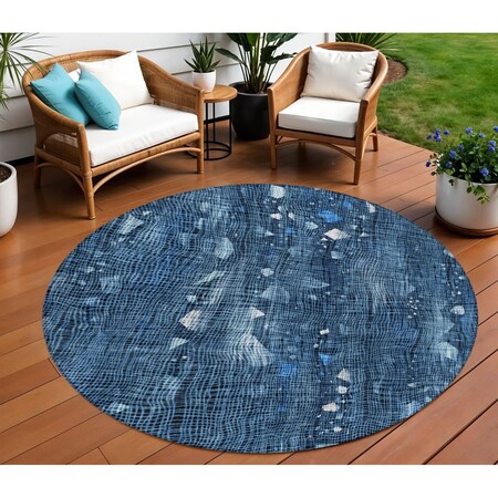 Homeroots 8' Blue And Ivory Round Abstract Washable Indoor Outdoor Area Rug 631163