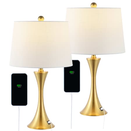 Jonathan Y Bennett 22.75" Modern Glam Iron Hourglass LED Table Lamp with USB Charging Port, Brass Gold, 2PK JYL6621A-SET2