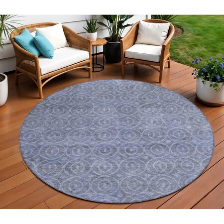 Homeroots 8' Denim Blue Round Geometric Washable Indoor Outdoor Area Rug 607478