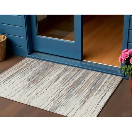 Homeroots 3' X 5' Ivory Brown And Gray Striped Washable Indoor Outdoor Area Rug 597253