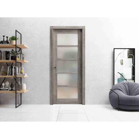 Sartodoors Slab Barn Door Panel Frosted Glass Grey 42x96 Solid Core Modern Interior QUADRO4002S-NEB-4296
