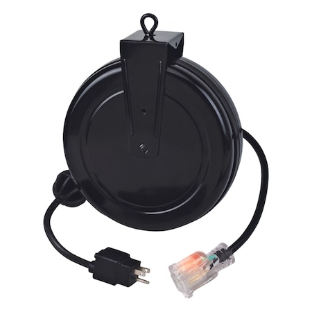 Alert Reel Mfg ProReel Reverse Plug Retractable Cord Reel, 13A, 30’, 14/3 SJTOW, Single Illuminated Outlet w/Breaker 5030MFR
