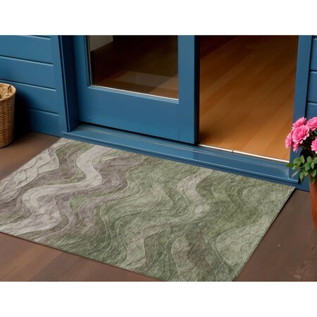 Homeroots 3' X 5' Green And Taupe Abstract Washable Indoor Outdoor Area Rug 618166