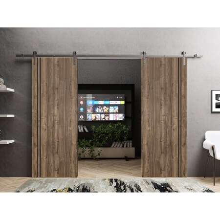 Sartodoors Sliding Double Barn Doors with Hardware, Planum 0016 Walnut and Aluminum Strips, 13FT Rail Hangers PLANUM0016DB-S-WLN-64