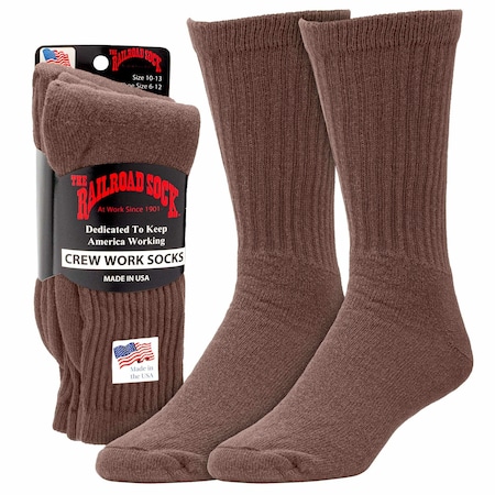 Railroad Sock Mens Crew Socks, 85% Cotton, 15% Nylon, Brown, 6-12 M, 3 PK 6033