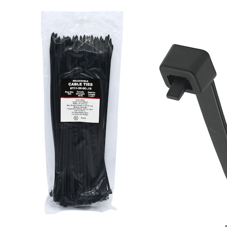 Cable Ties Unlimited Pawl Releasable Cable Tie, 11 in L, 50 lb Strength, 3.2 in Max Bundle Dia, Nylon, UV-Res, Blk, 100PK RT11-50-0C-.19