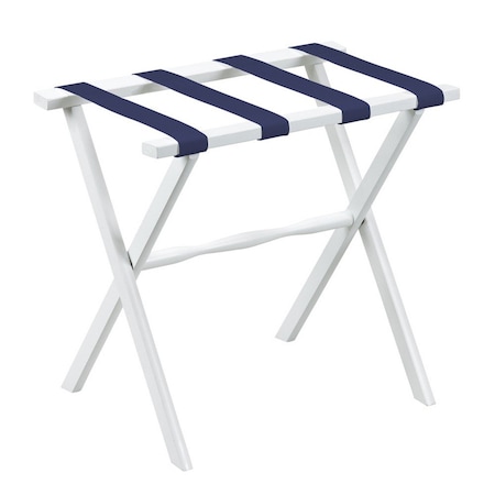 Homeroots Hotel White Finish Wood Folding Luggage Rack With Navy Straps 383076