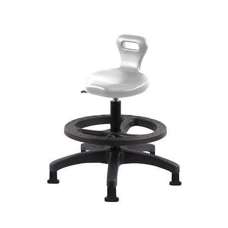 Blue Ridge Ergonomics Poly Serpent Stool - Medium Bench Height with Black Foot Ring & Stationary Glides in Gray Poly PSPMBSL-RG-BF-RG-GRY