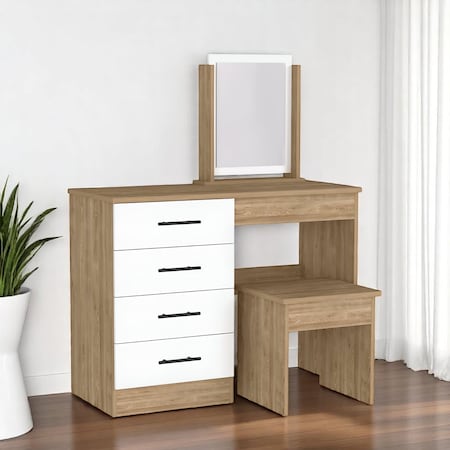 Homeroots 39" Natural And White Wood Four Drawer Vanity Table With Mirror And Seat 544023
